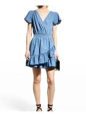 MICHAEL Michael Kors Faux Wrap Smocked Ruffle Dress in LT Cadet Wash NWT